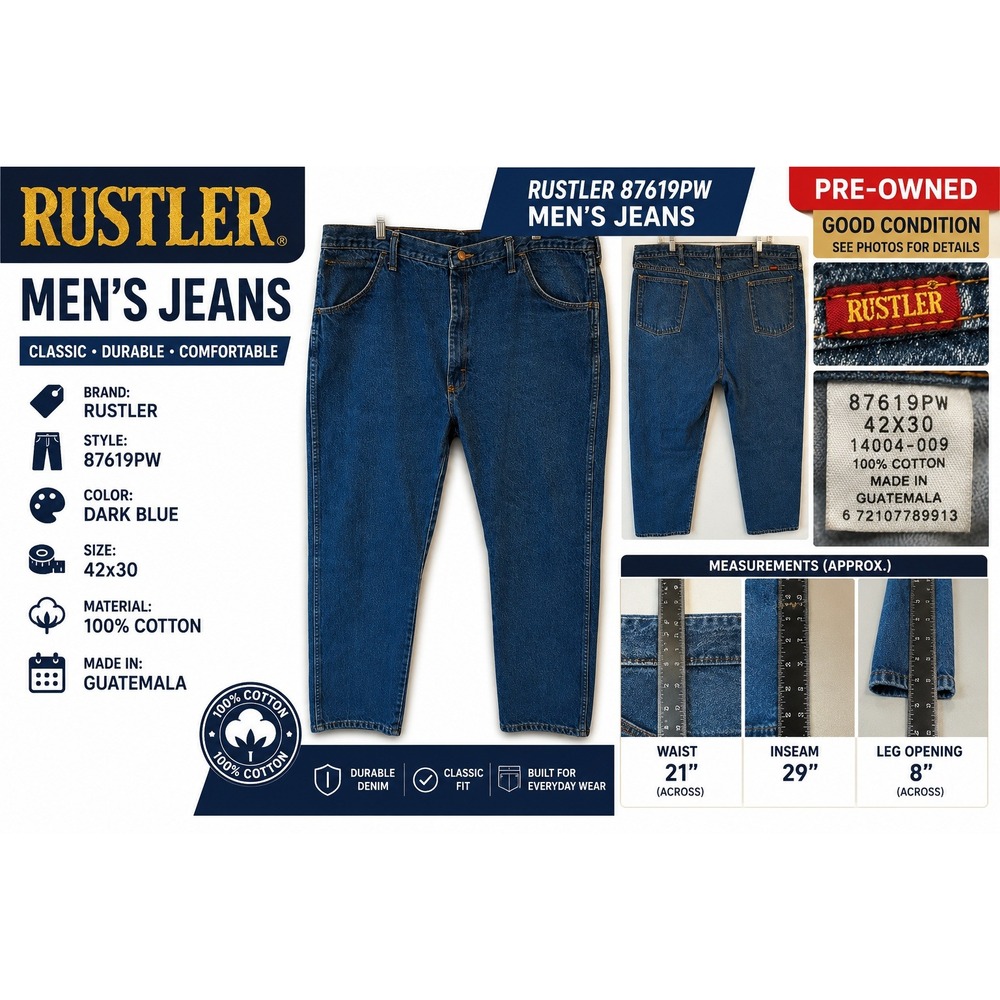 Rustler Mens‎ Regular Fit Dark Wash Denim Jeans 42x30 Made in USA 87619PW Blue